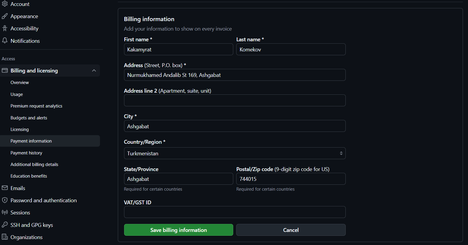 GitHub Billing Profile