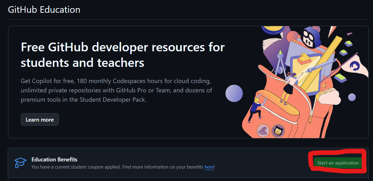 GitHub Education Benefits Button